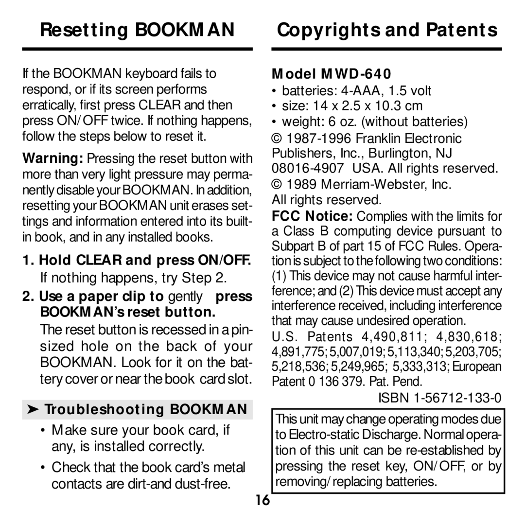 Franklin manual Resetting Bookman Copyrights and Patents, Troubleshooting Bookman, Model MWD-640 