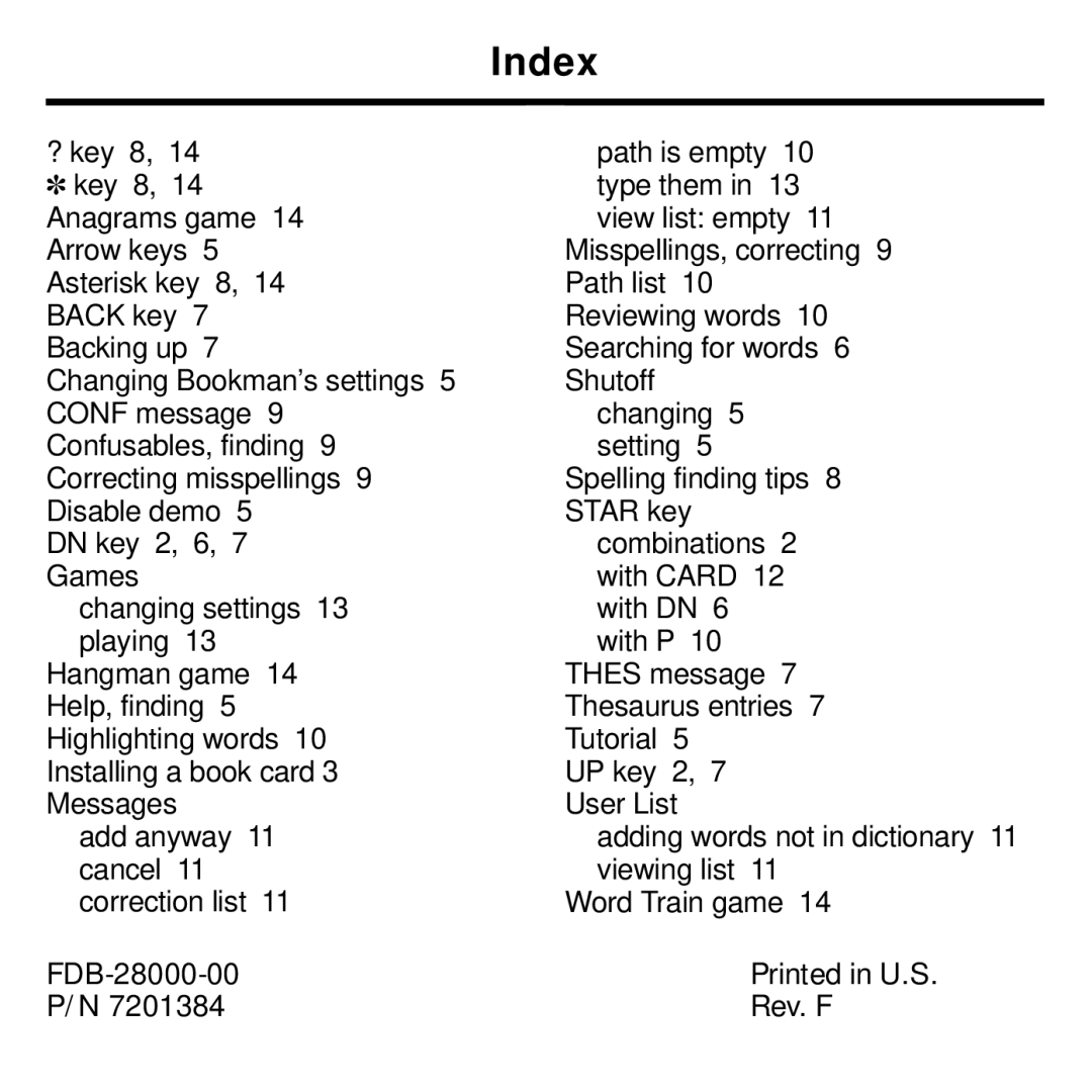 Franklin MWD-640 manual Index, FDB-28000-00 Rev. F 