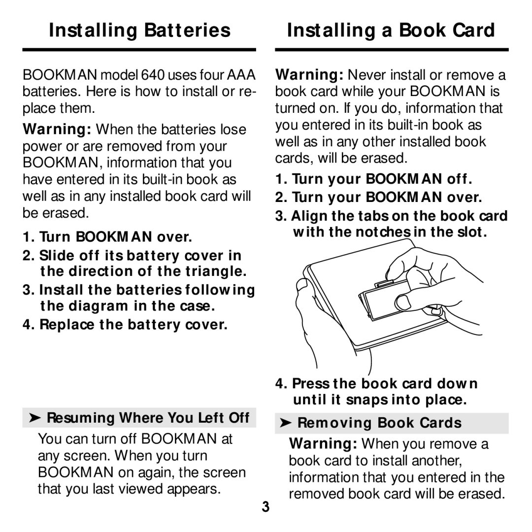 Franklin MWD-640 manual Installing Batteries Installing a Book Card 