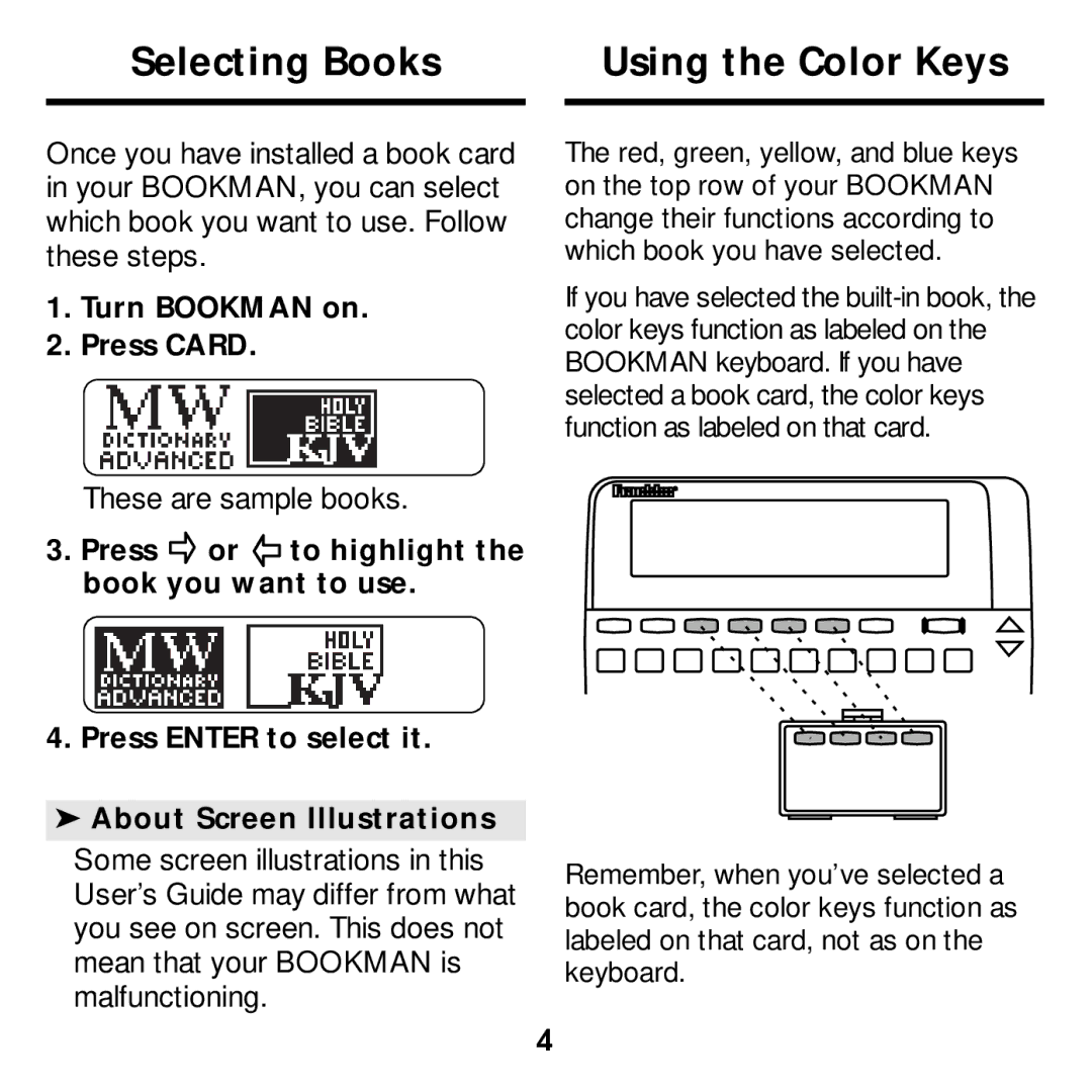 Franklin MWD-640 manual Selecting Books Using the Color Keys, These are sample books, Turn Bookman on Press Card 