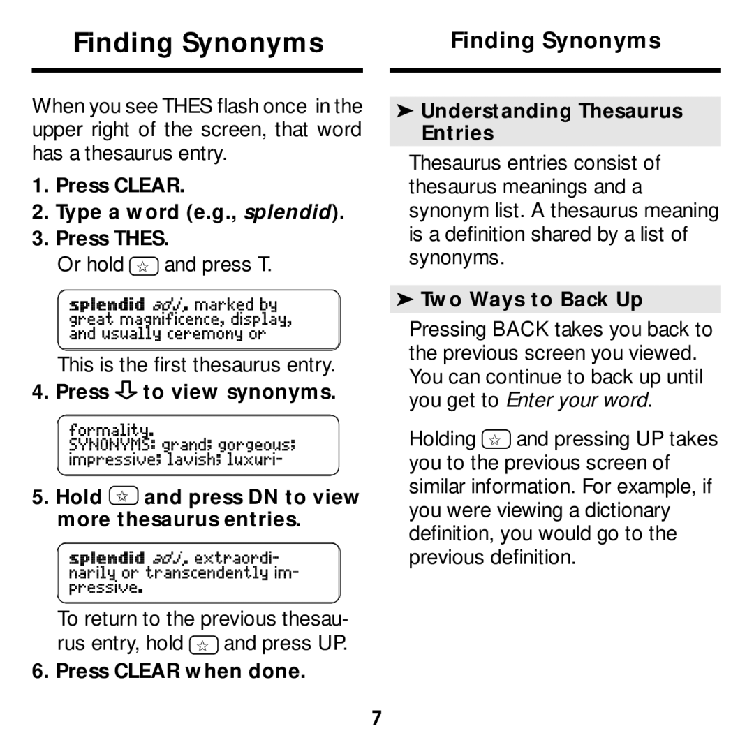 Franklin MWD-640 Finding Synonyms, Or hold and press T This is the first thesaurus entry, Understanding Thesaurus Entries 