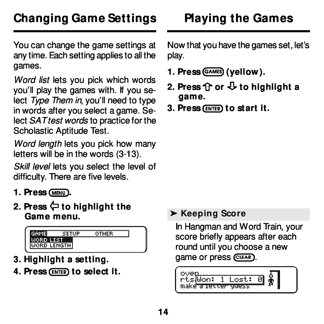 Franklin MWS-2018 manual Changing Game Settings, Playing the Games 