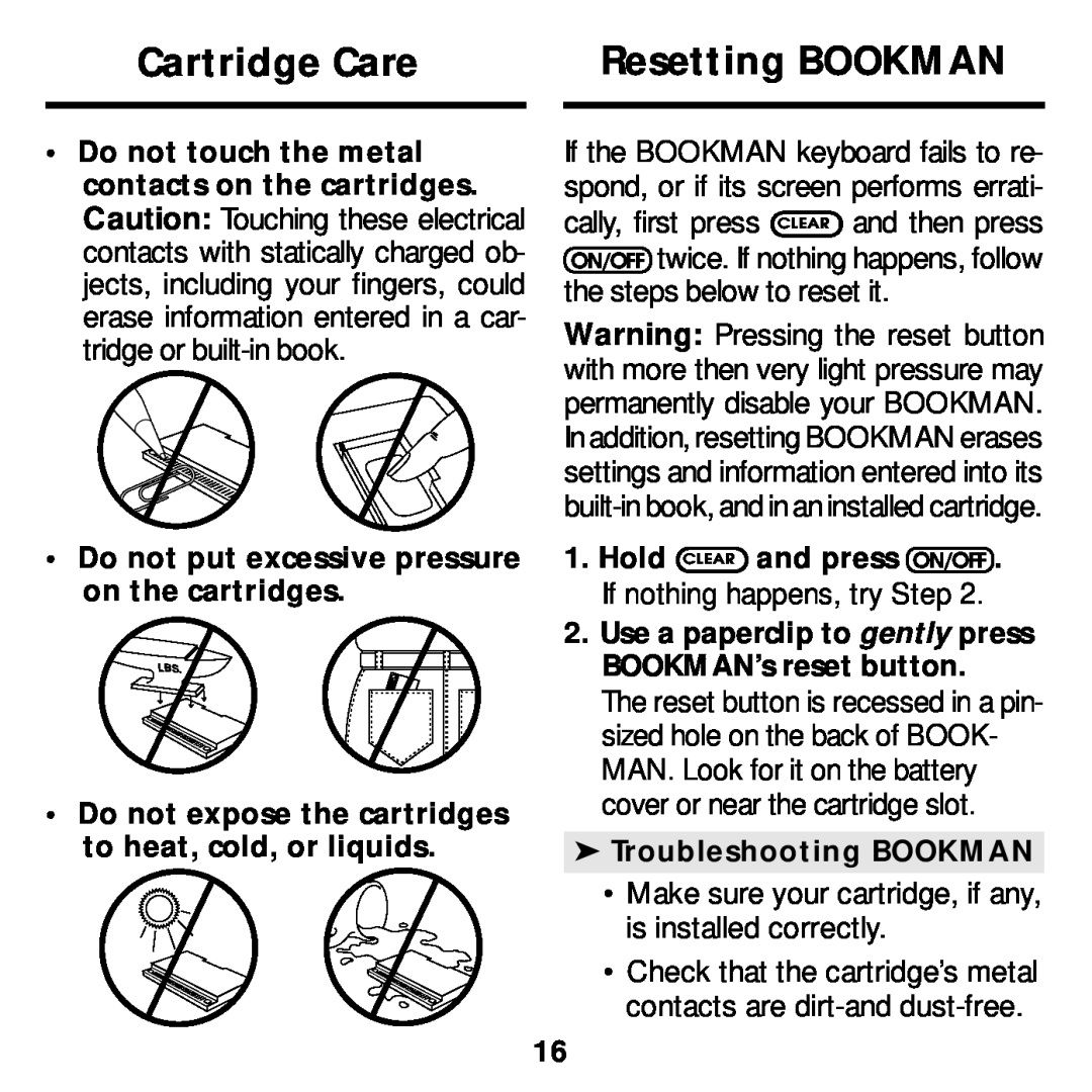Franklin MWS-2018 manual Cartridge Care, Resetting BOOKMAN, Make sure your cartridge, if any, is installed correctly 