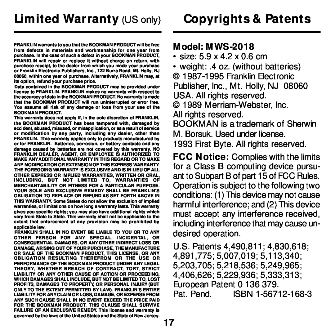 Franklin manual Limited Warranty US only, Copyrights & Patents, Model MWS-2018, Bookman Product 