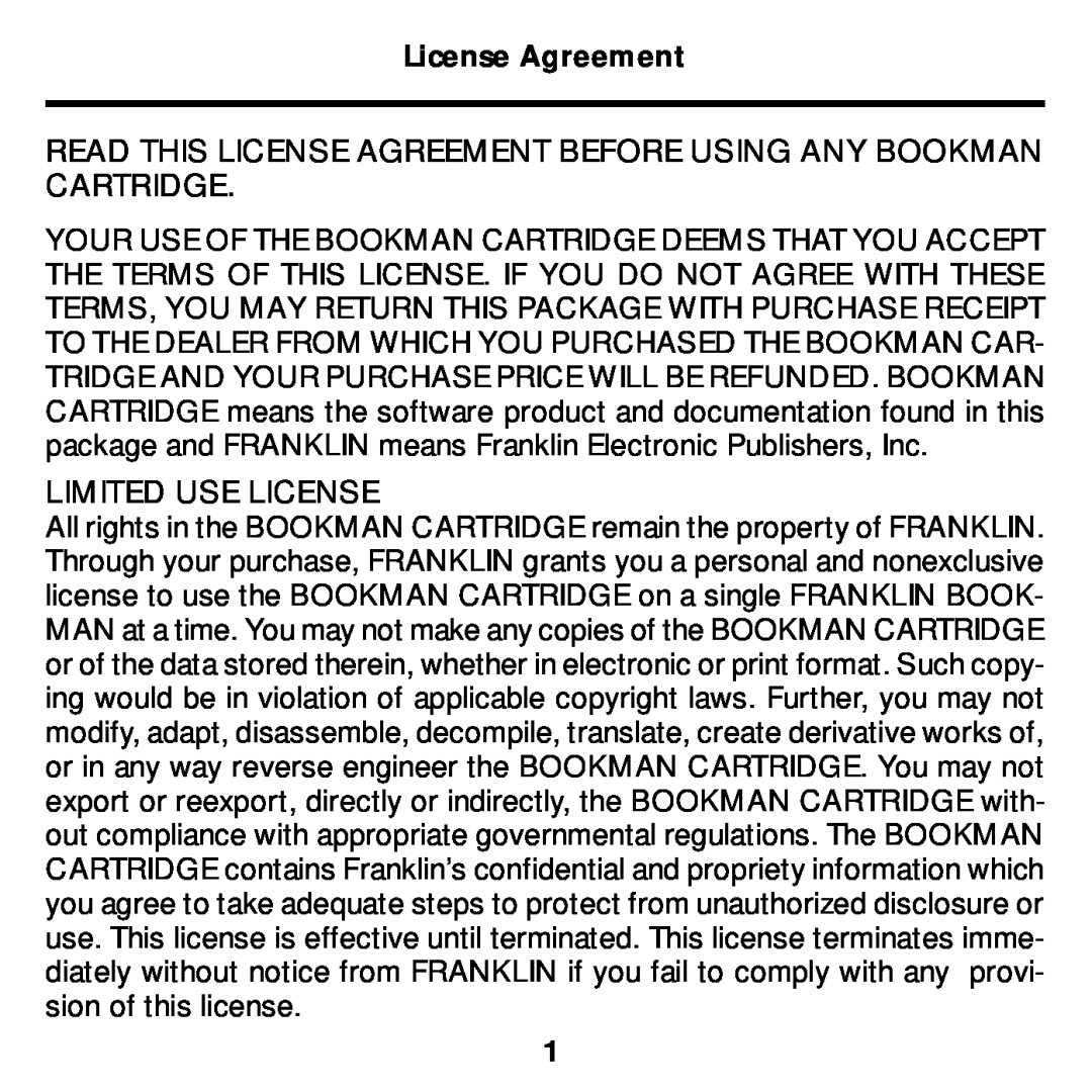 Franklin MWS-2018 manual Read This License Agreement Before Using Any Bookman Cartridge, Limited Use License 