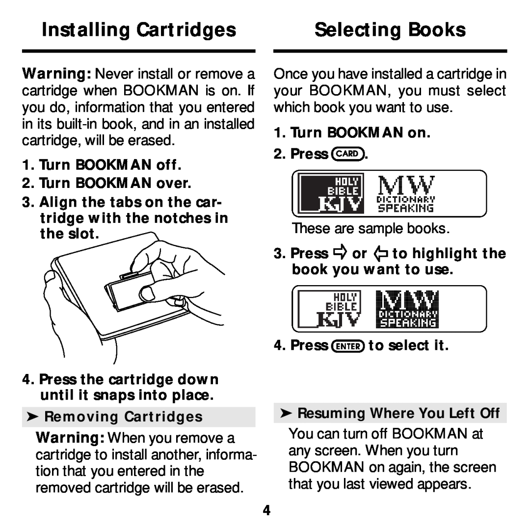 Franklin MWS-2018 Installing Cartridges, Selecting Books, These are sample books, Turn BOOKMAN off 2. Turn BOOKMAN over 