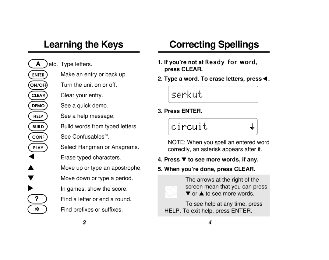 Franklin NC-10 manual Learning the Keys, Correcting Spellings 