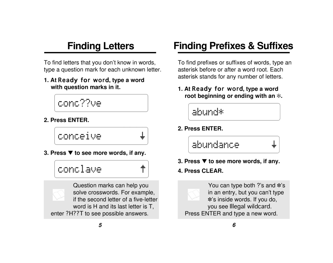 Franklin NC-10 manual Finding Letters, Press Enter Press to see more words, if any Press Clear 