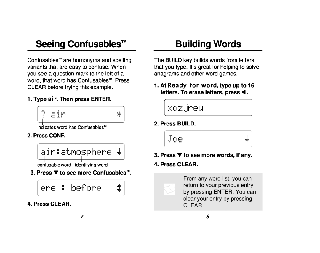 Franklin NC-10 manual Seeing Confusables, Building Words, Type air. Then press ENTER 