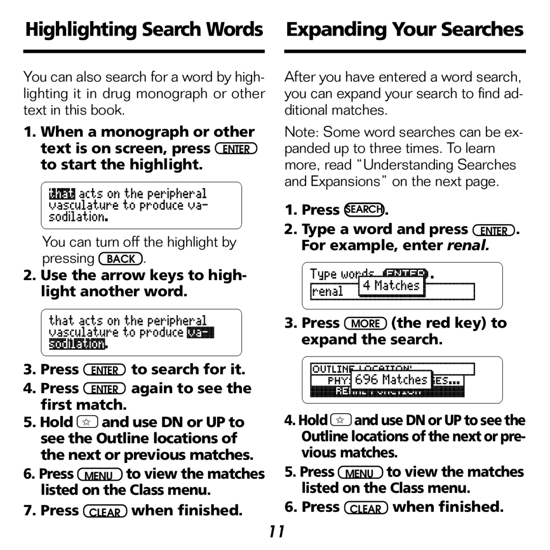 Franklin NDH-2062 manual Highlighting Search Words Expanding Your Searches, Listed on the Class menu, Press, When finished 