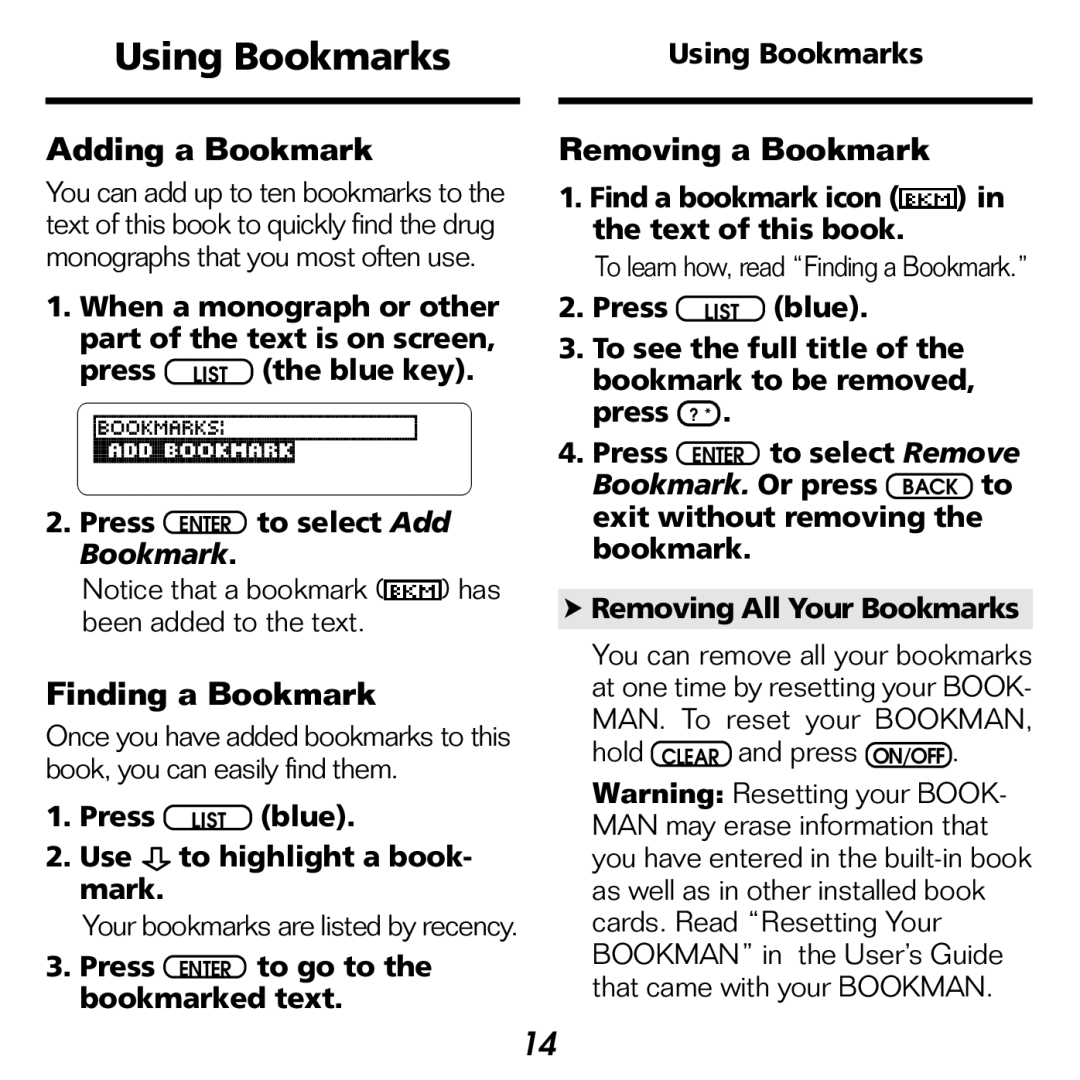 Franklin NDH-2062 manual Using Bookmarks, Press List blue Use to highlight a book- mark 