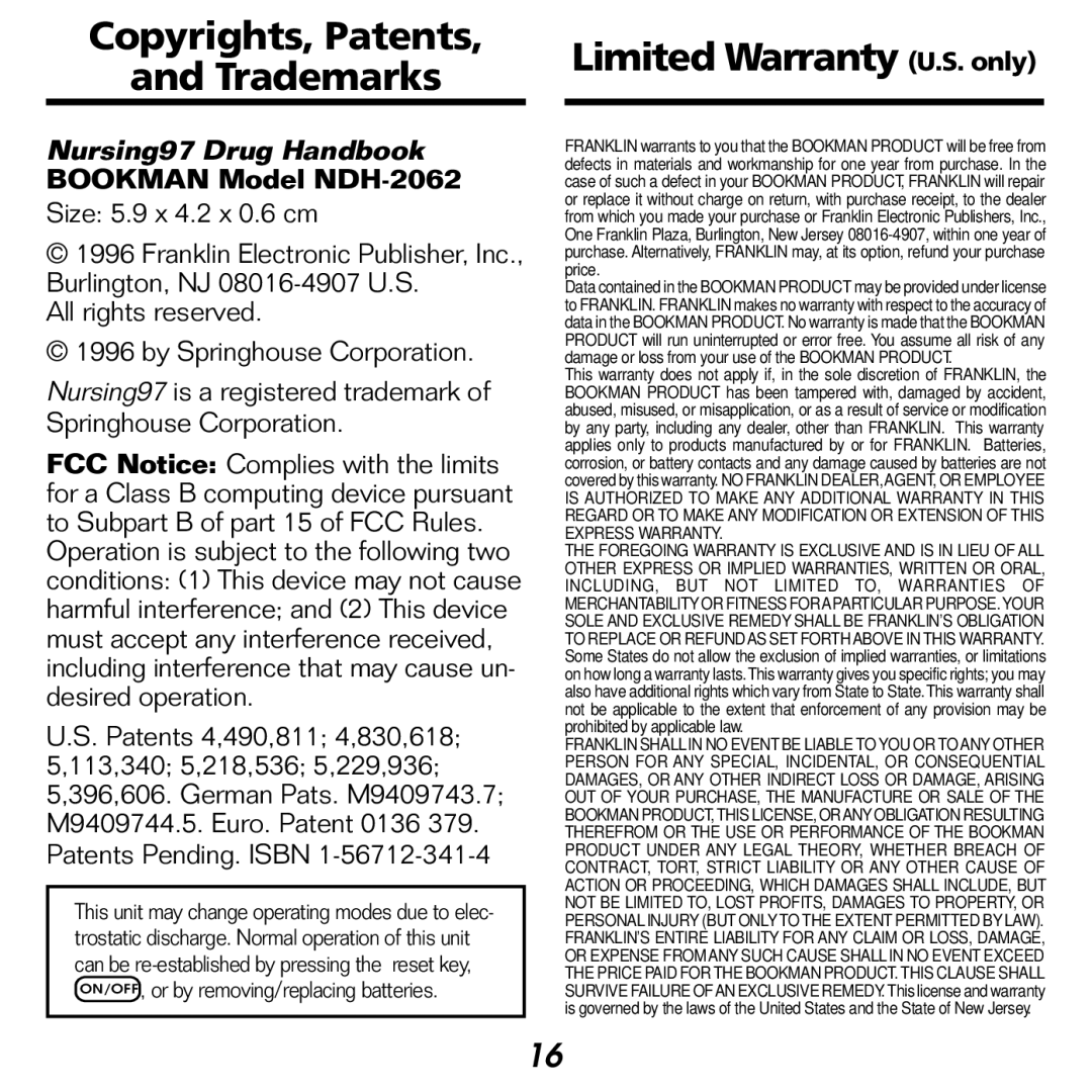 Franklin NDH-2062 manual Copyrights, Patents Trademarks, Limited Warranty U.S. only 