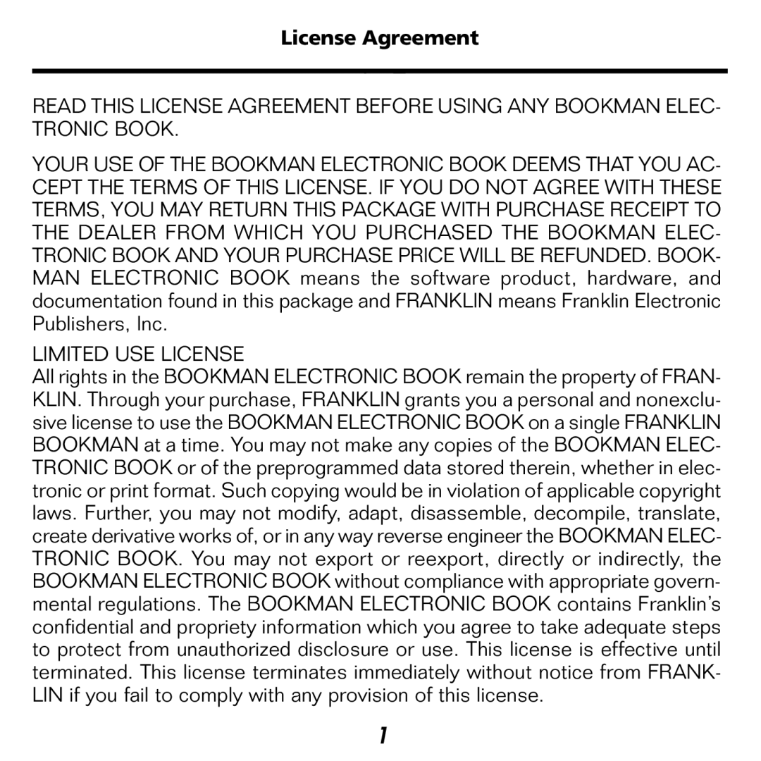 Franklin NDH-2062 manual License Agreement, Limited USE License 