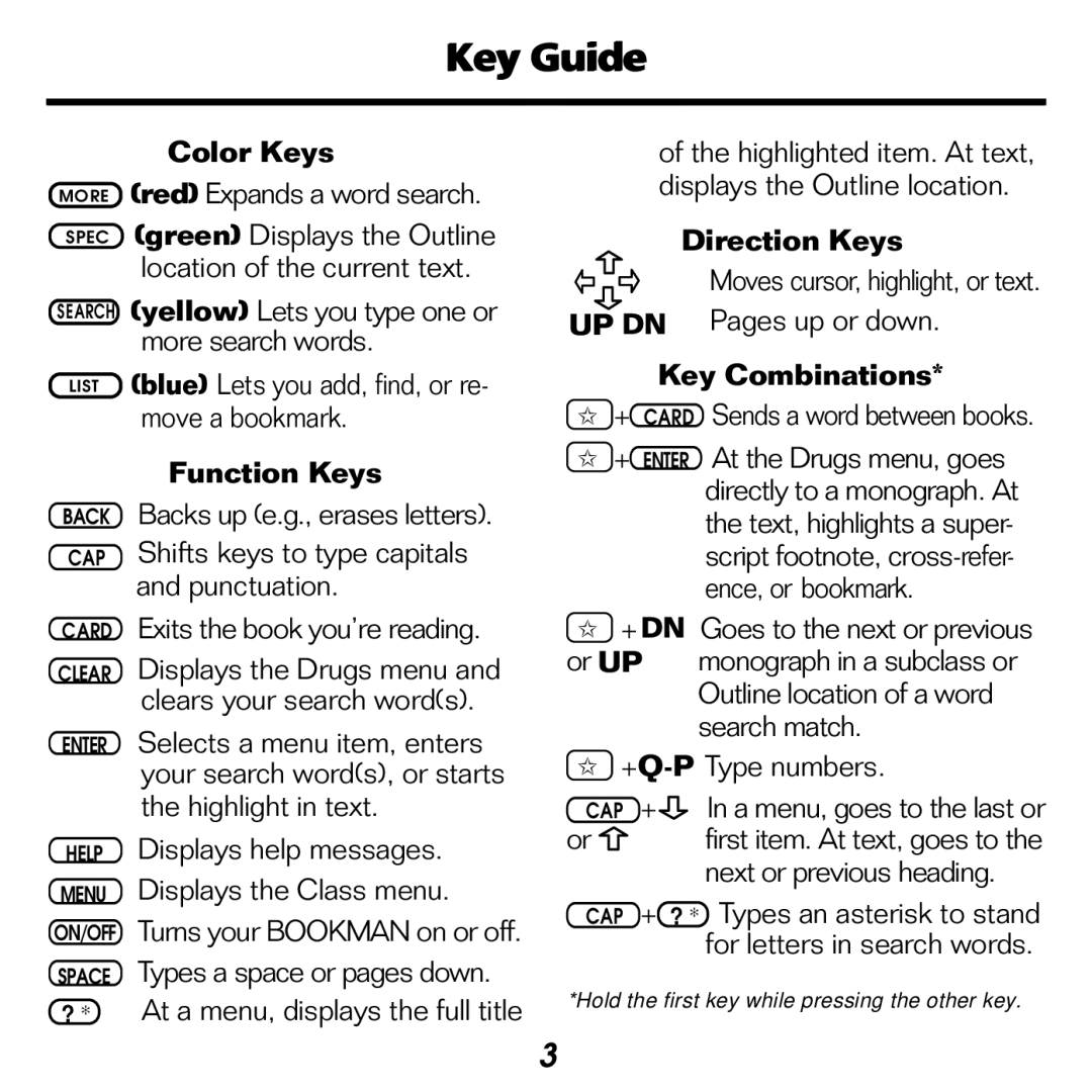 Franklin NDH-2062 manual Key Guide, Color Keys, Function Keys, Direction Keys, Key Combinations 