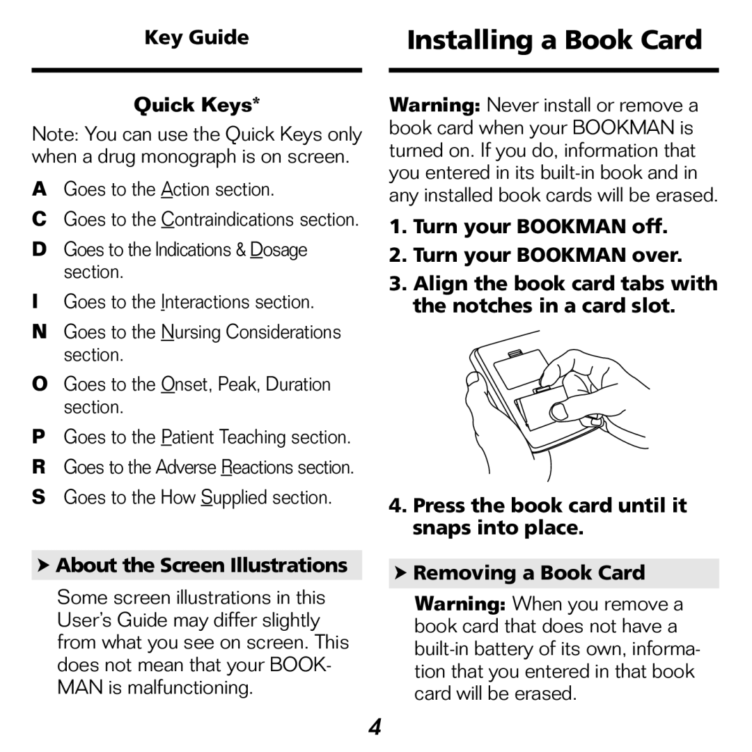 Franklin NDH-2062 manual Installing a Book Card, Key Guide Quick Keys, About the Screen Illustrations 