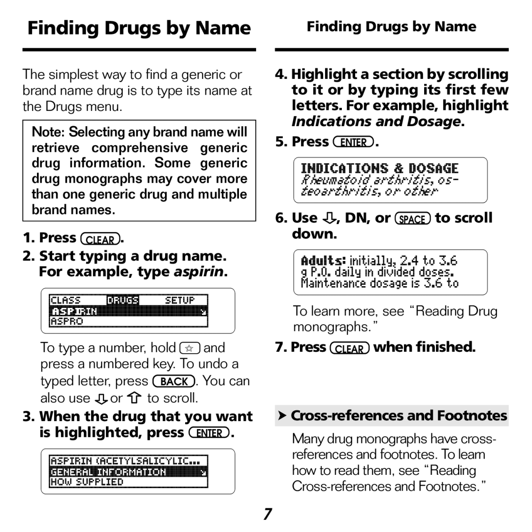 Franklin NDH-2062 manual Finding Drugs by Name, Press Clear when finished Cross-references and Footnotes 