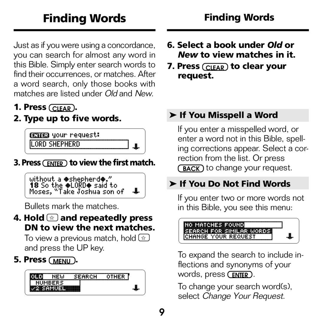 Franklin NIV-440 manual Finding Words, Press Clear Type up to five words, If You Do Not Find Words 