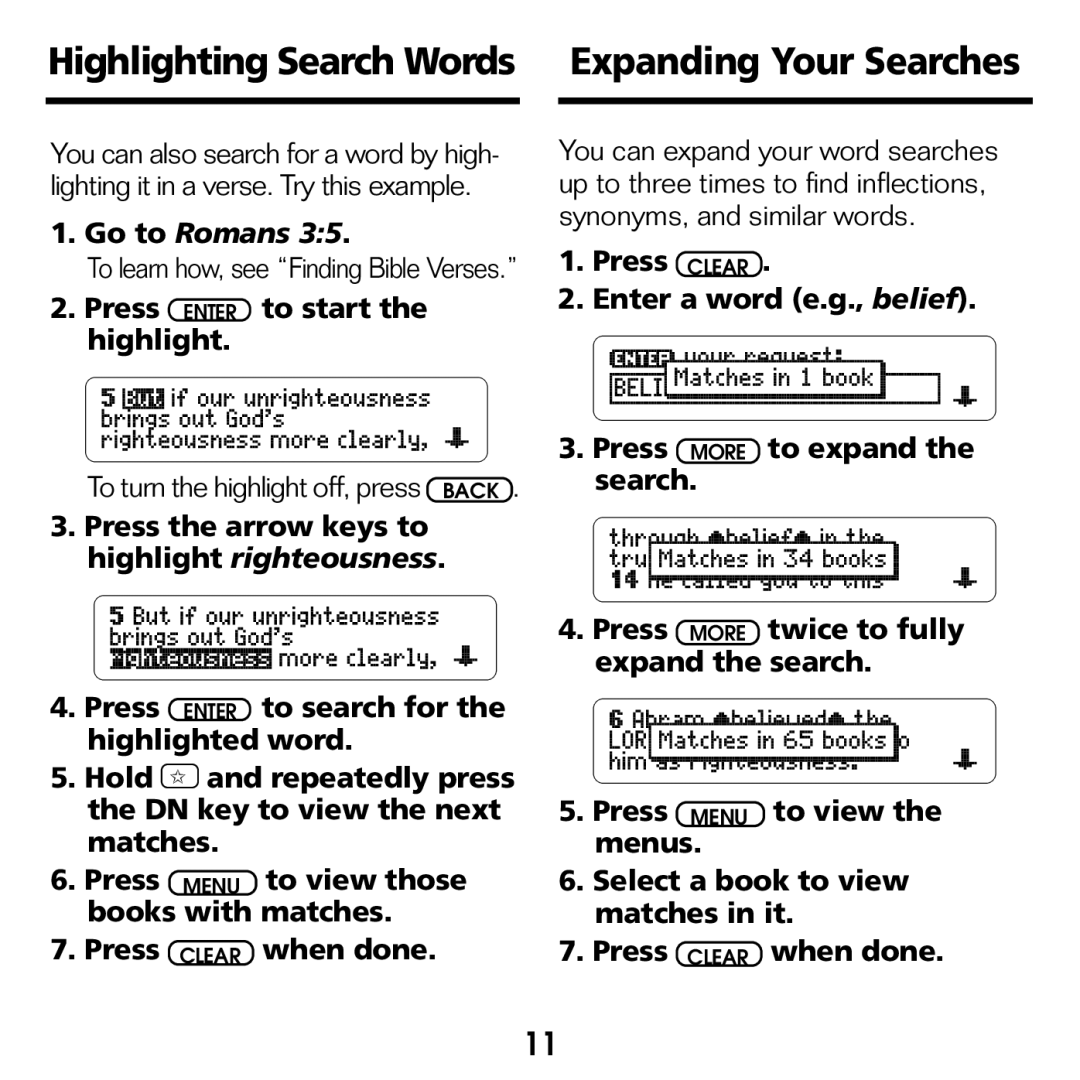 Franklin NIV-440 manual Highlighting Search Words Expanding Your Searches, Go to Romans, Press Enter to start the highlight 