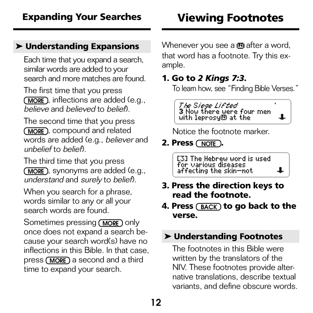 Franklin NIV-440 manual Viewing Footnotes, Expanding Your Searches, Understanding Expansions, Go to 2 Kings 