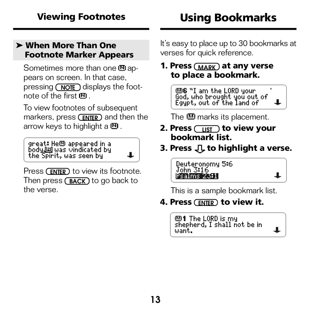 Franklin NIV-440 Using Bookmarks, Viewing Footnotes, When More Than One Footnote Marker Appears, Press Enter to view it 