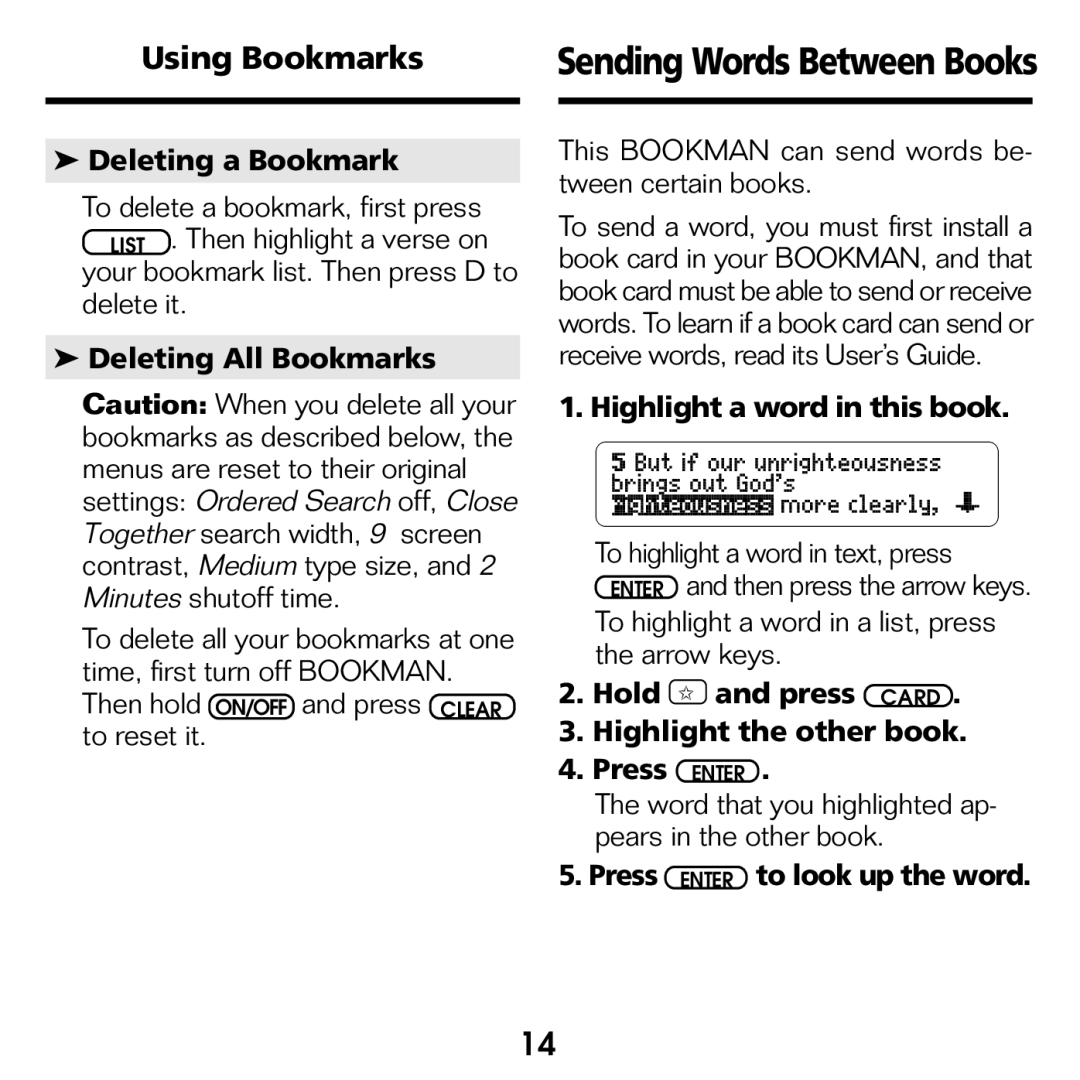 Franklin NIV-440 manual Using Bookmarks Sending Words Between Books 