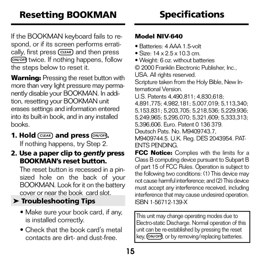 Franklin NIV-440 manual Resetting Bookman Specifications, Troubleshooting Tips 