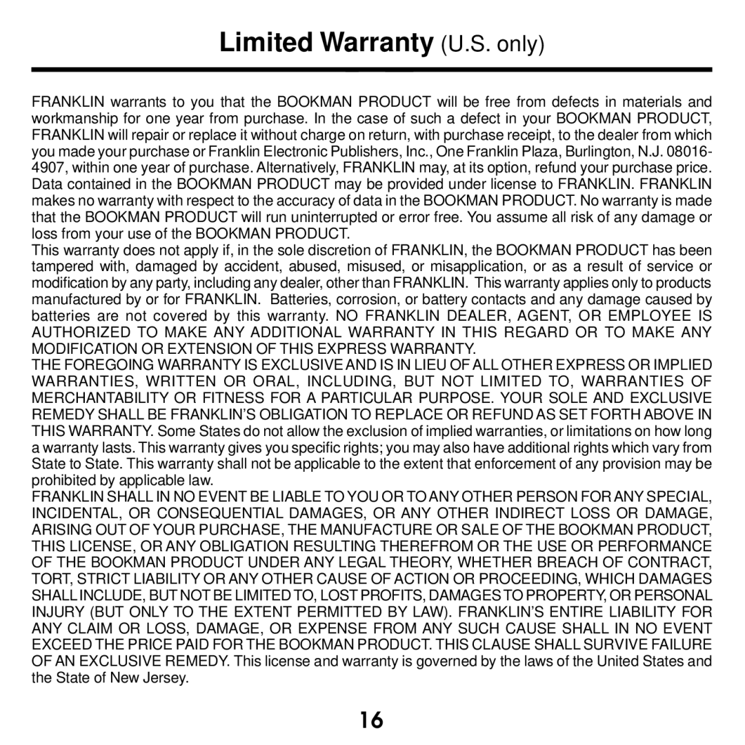 Franklin NIV-440 manual Limited Warranty U.S. only 