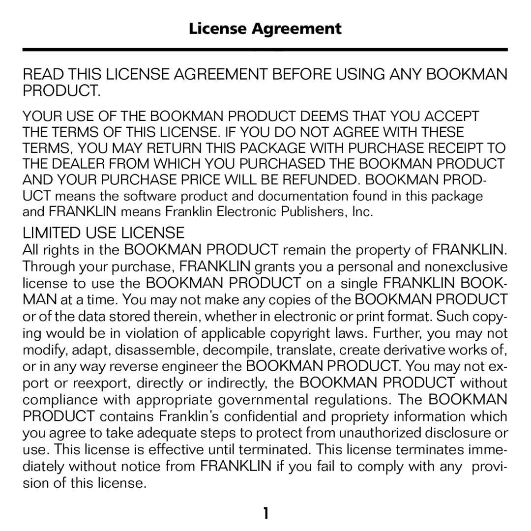 Franklin NIV-440 manual License Agreement, Limited USE License 