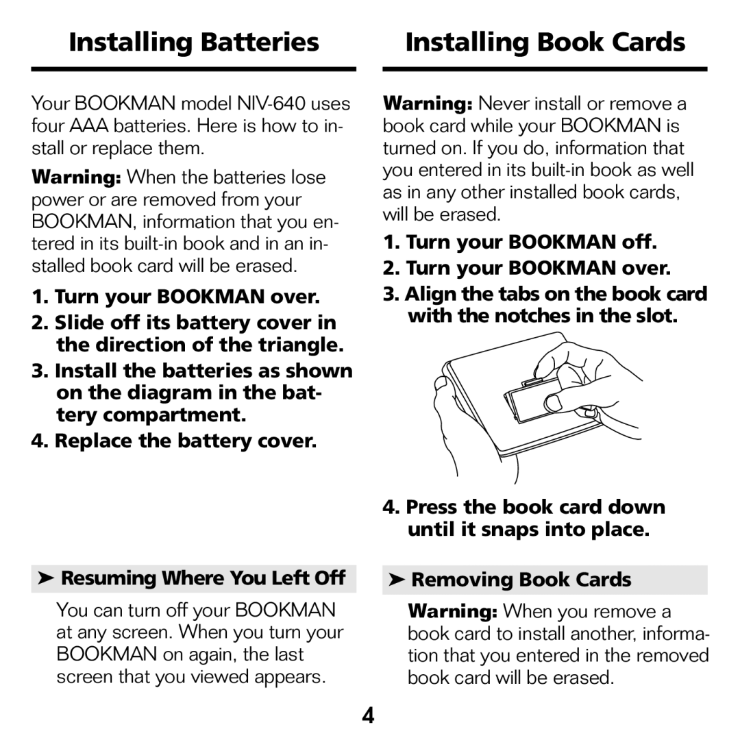 Franklin NIV-440 manual Installing Batteries Installing Book Cards 