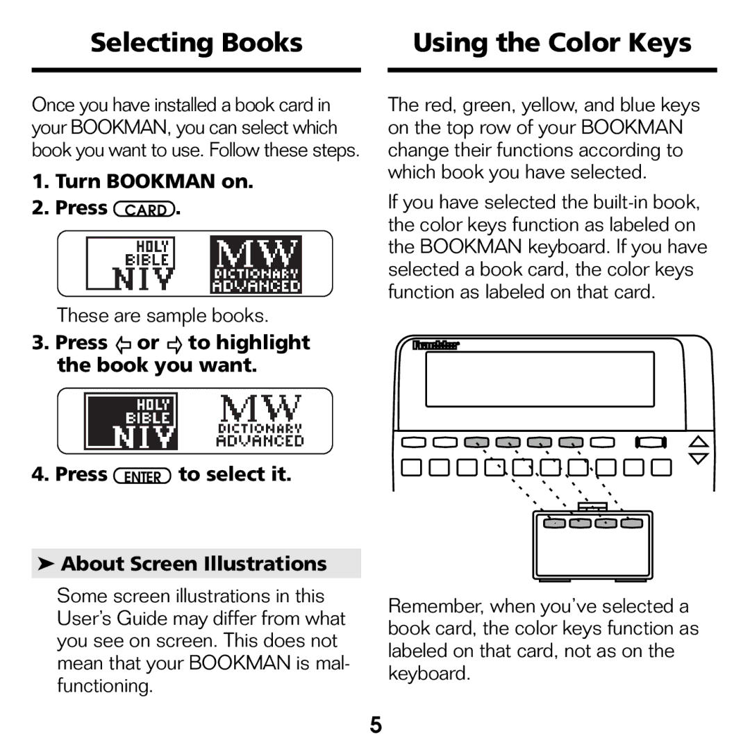 Franklin NIV-440 manual Selecting Books, Using the Color Keys, Turn Bookman on Press Card 