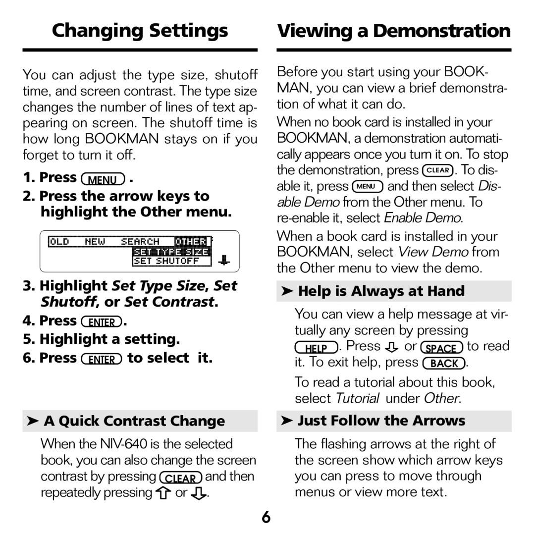 Franklin NIV-440 Changing Settings Viewing a Demonstration, Press Menu Press the arrow keys to highlight the Other menu 