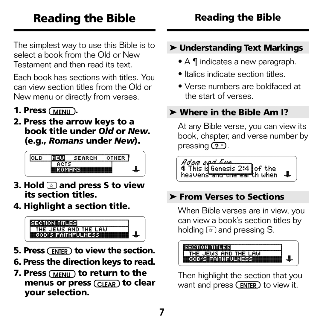 Franklin NIV-440 manual Reading the Bible, Where in the Bible Am I?, From Verses to Sections 