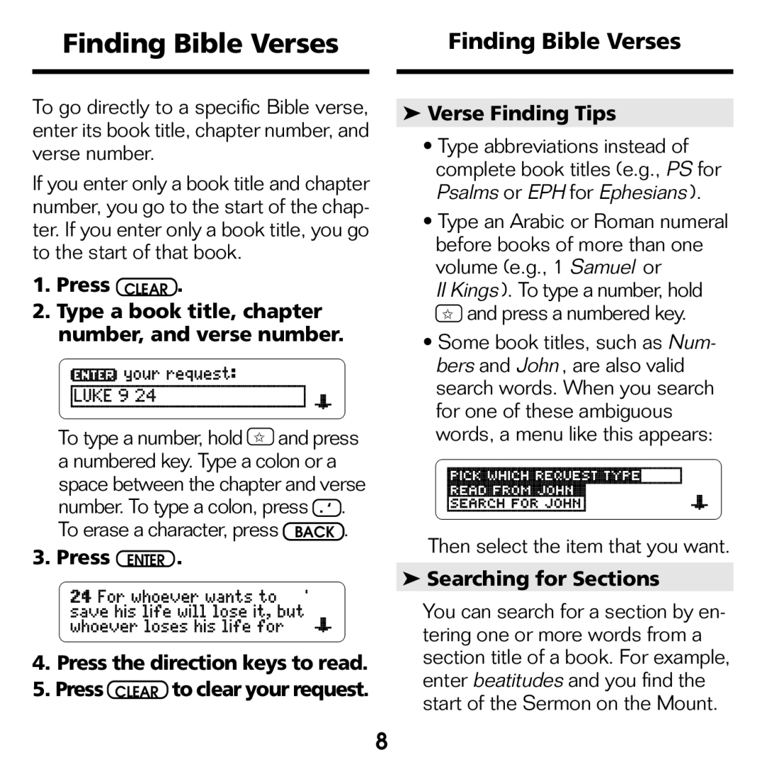 Franklin NIV-440 manual Finding Bible Verses, Searching for Sections 