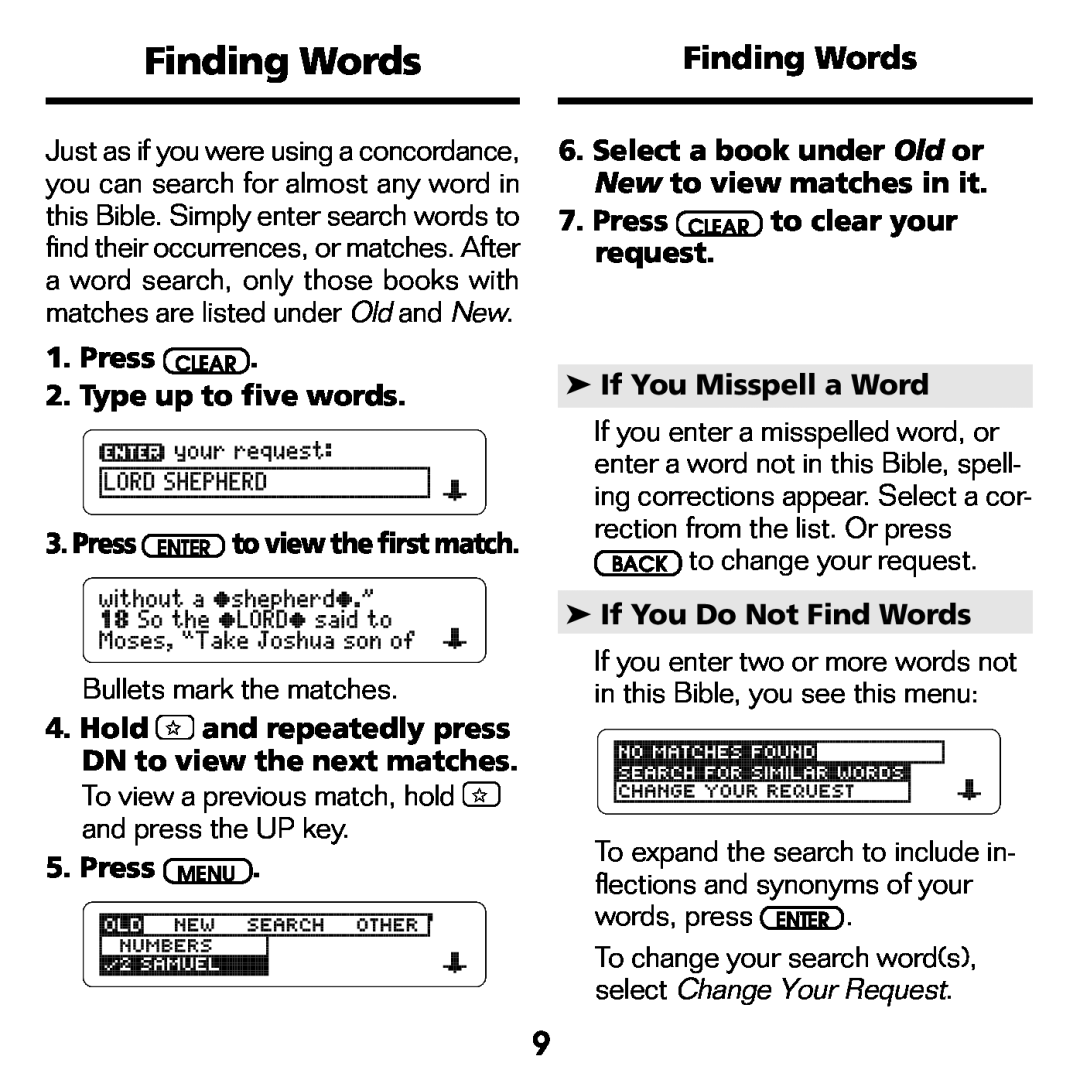 Franklin NIV-440 manual Finding Words, Press CLEAR 2.Type up to five words, Hold and repeatedly press, Press MENU 