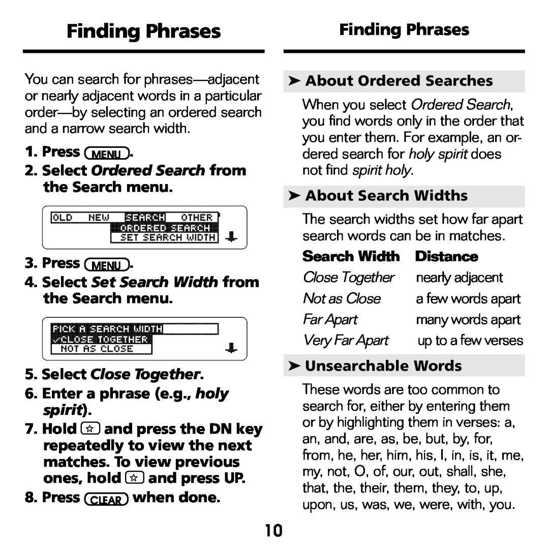 Franklin NIV-440 Finding Phrases, Select Ordered Search from the Search menu, Press MENU, Select Close Together, Distance 