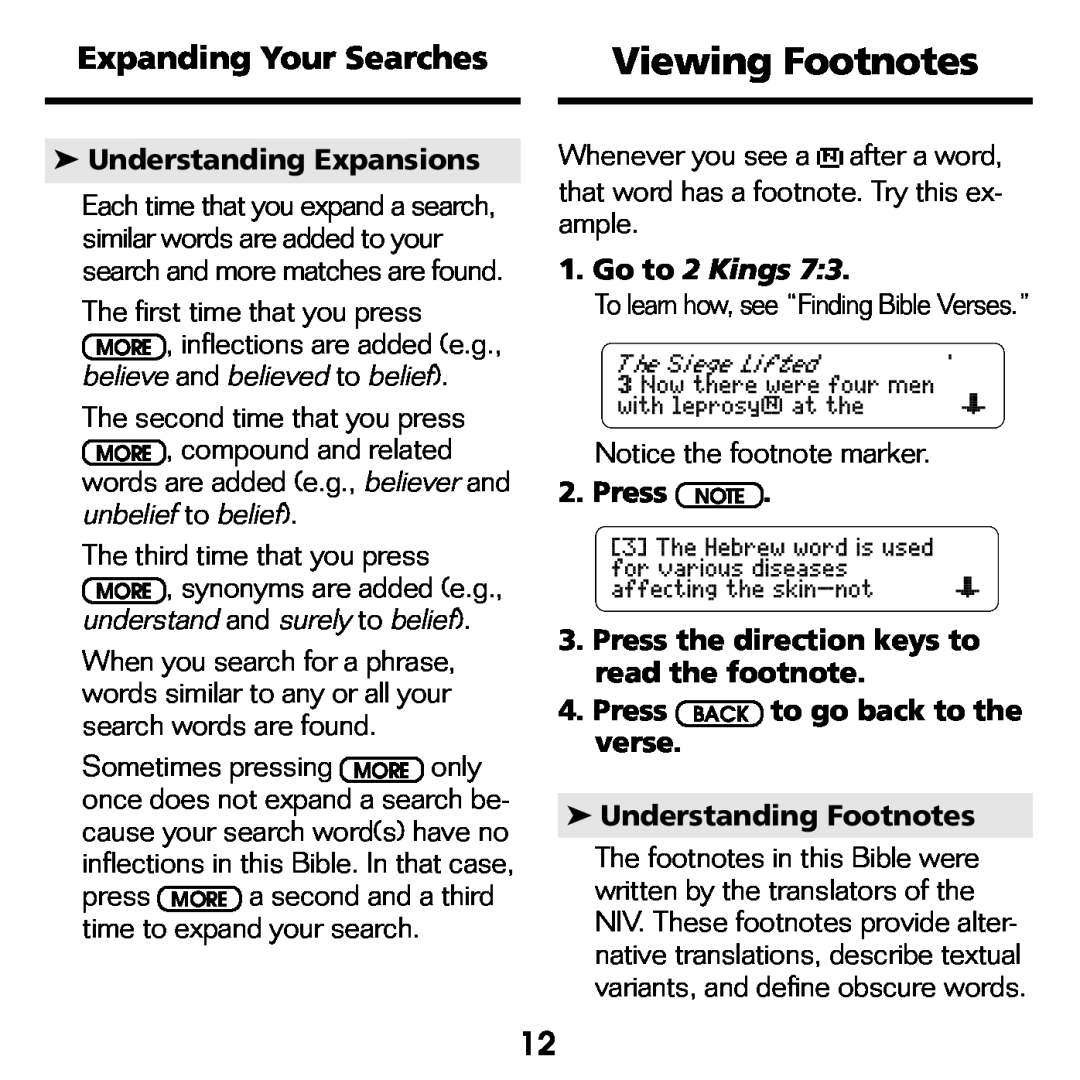 Franklin NIV-440 manual Viewing Footnotes, Expanding Your Searches, Understanding Expansions, Go to 2 Kings, Press NOTE 