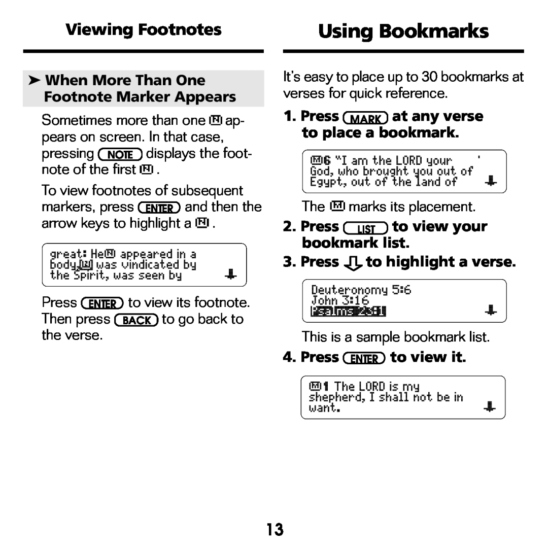Franklin NIV-440 Using Bookmarks, Viewing Footnotes, When More Than One Footnote Marker Appears, Press ENTER to view it 