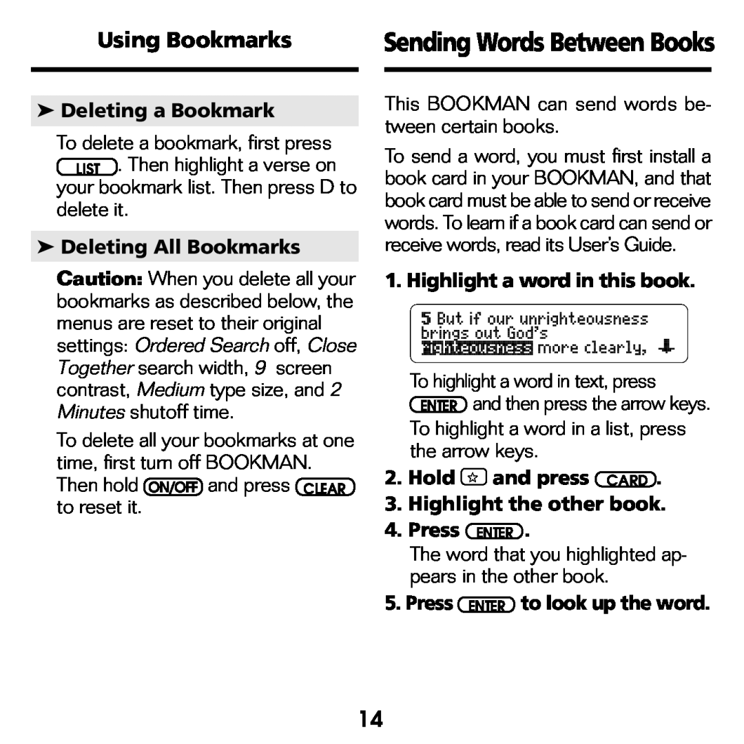 Franklin NIV-440 Using Bookmarks, Sending Words Between Books, Deleting a Bookmark, Deleting All Bookmarks, Press ENTER 