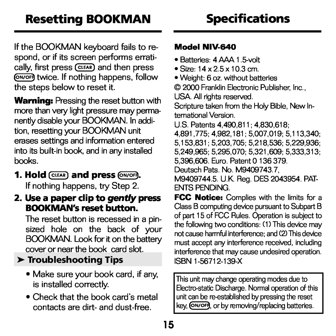 Franklin NIV-440 manual Resetting BOOKMAN, Specifications, Troubleshooting Tips 