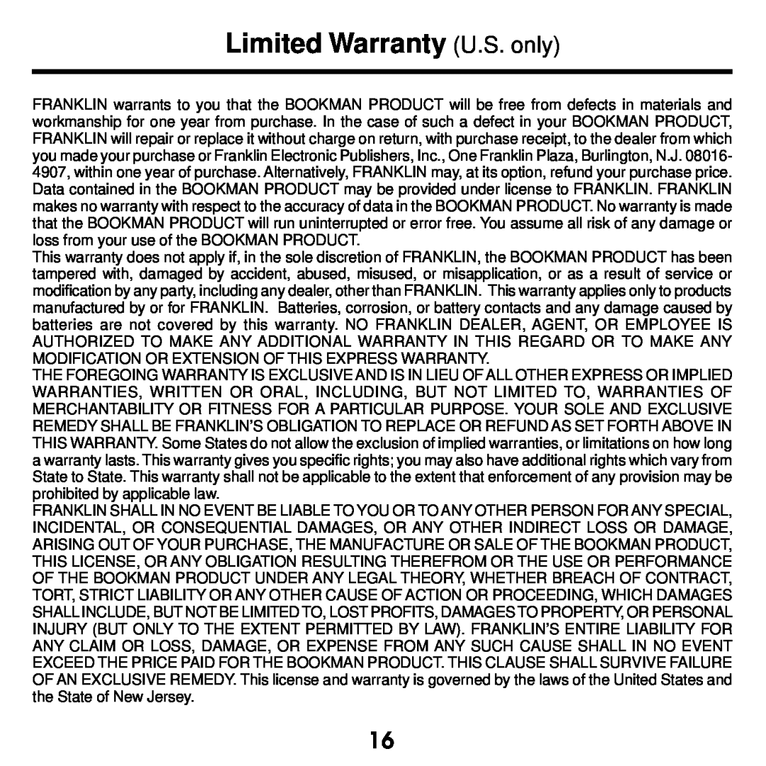Franklin NIV-440 manual Limited Warranty U.S. only 