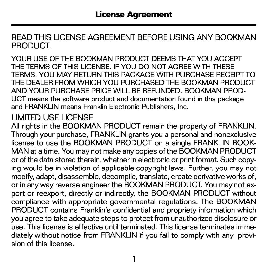 Franklin NIV-440 manual License Agreement, Limited Use License 