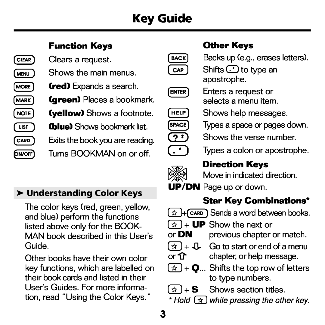 Franklin NIV-440 Key Guide, Function Keys, Ê Understanding Color Keys, Other Keys, Direction Keys, Star Key Combinations 