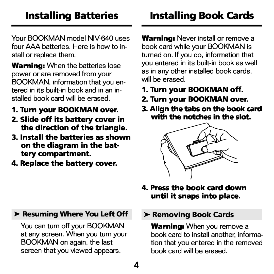 Franklin NIV-440 manual Installing Batteries, Installing Book Cards, Turn your BOOKMAN over, Replace the battery cover 