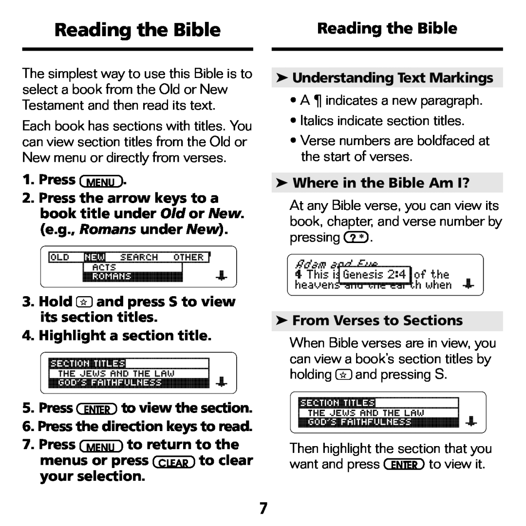 Franklin NIV-440 Reading the Bible, Hold and press S to view its section titles, Highlight a section title, Press MENU 