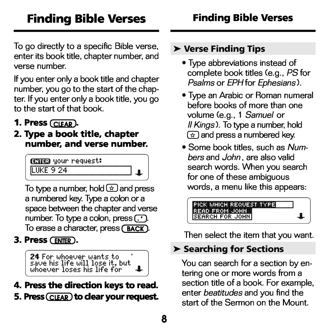 Franklin NIV-440 Finding Bible Verses, Press CLEAR, Press ENTER 4.Press the direction keys to read, Verse Finding Tips 