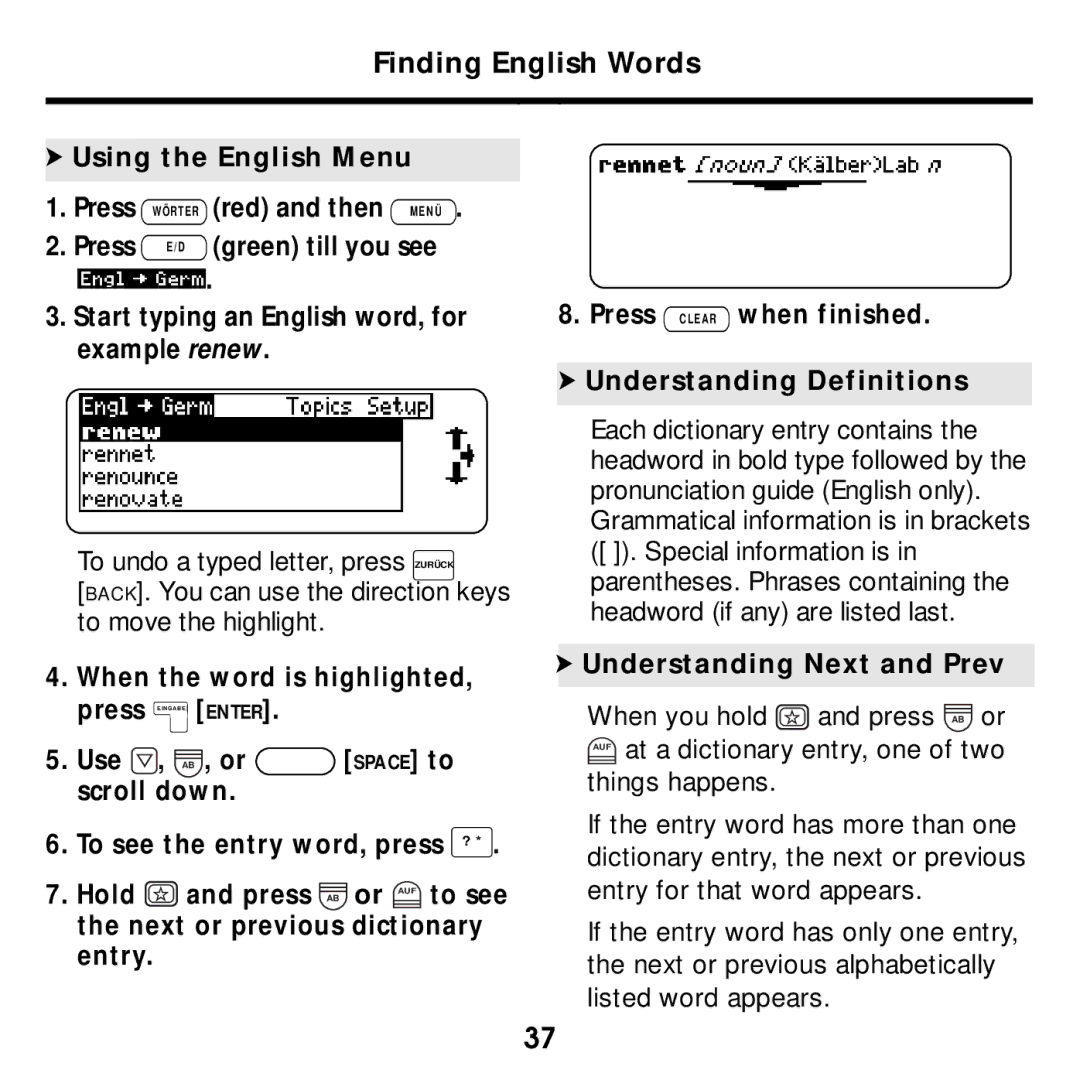 Franklin None manual Finding English Words, Using the English Menu, Green till you see, Understanding Next and Prev 