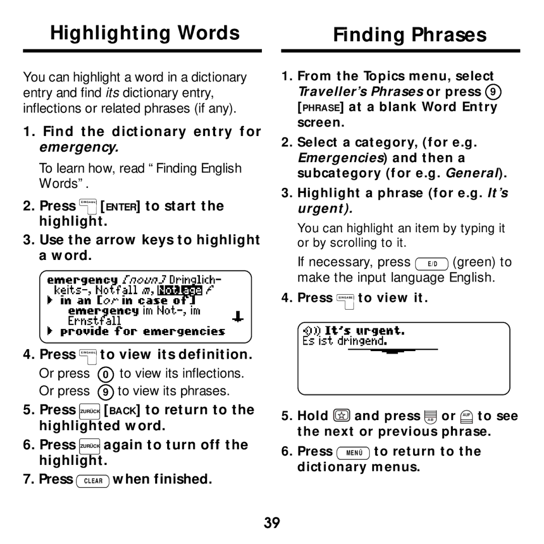 Franklin None manual Highlighting Words Finding Phrases, Find the dictionary entry for emergency 