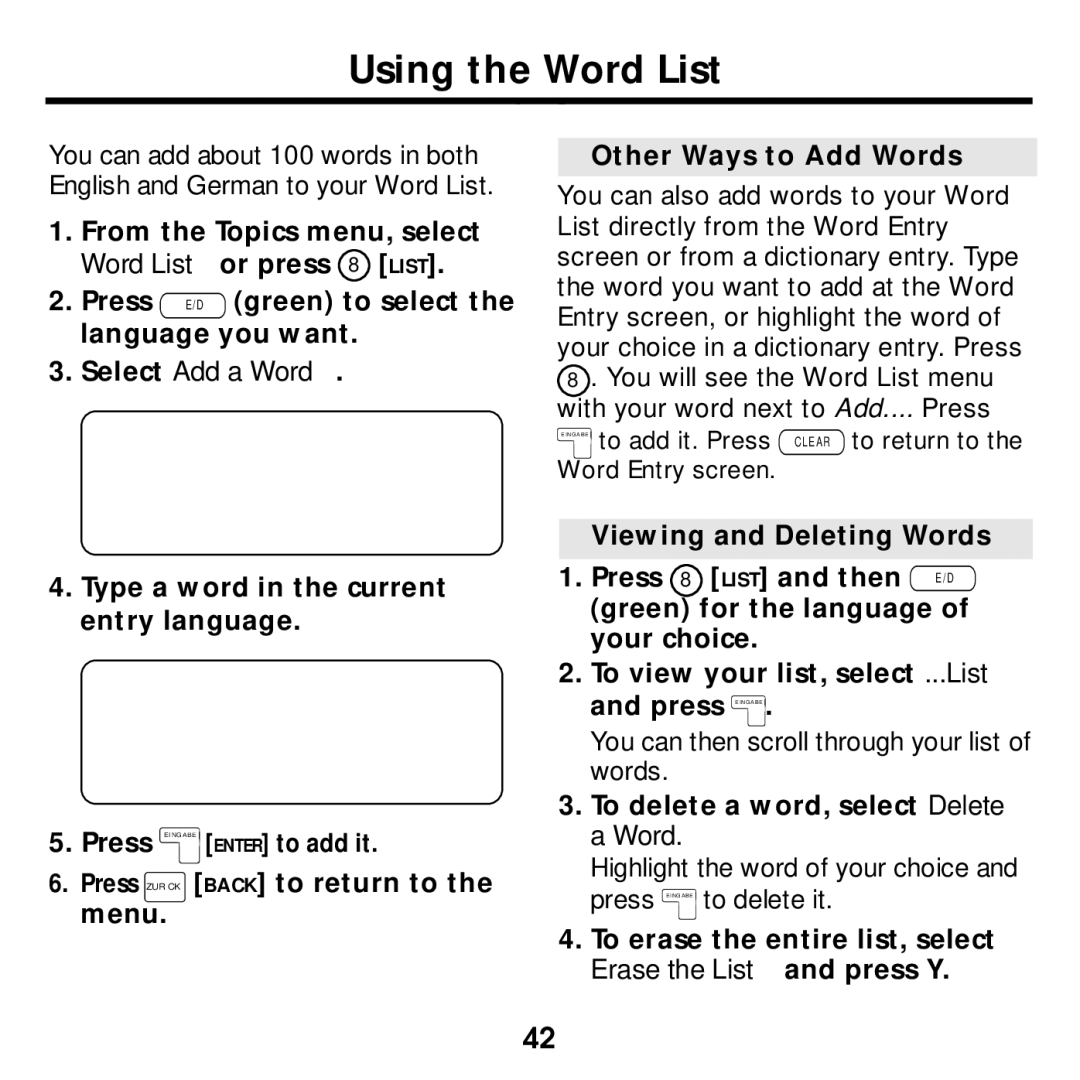 Franklin None manual Using the Word List, Select Add a Word, To delete a word, select Delete a Word 