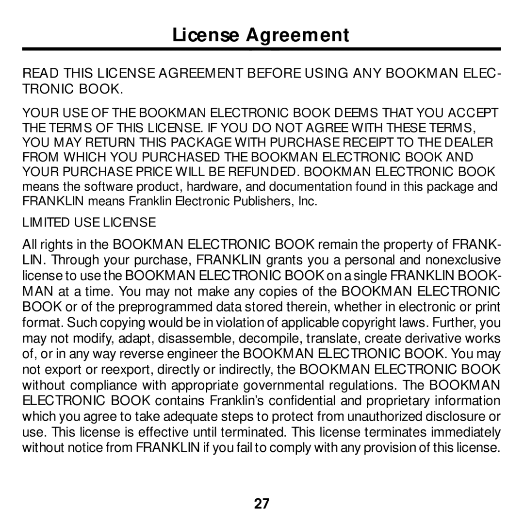 Franklin None manual License Agreement, Limited USE License 