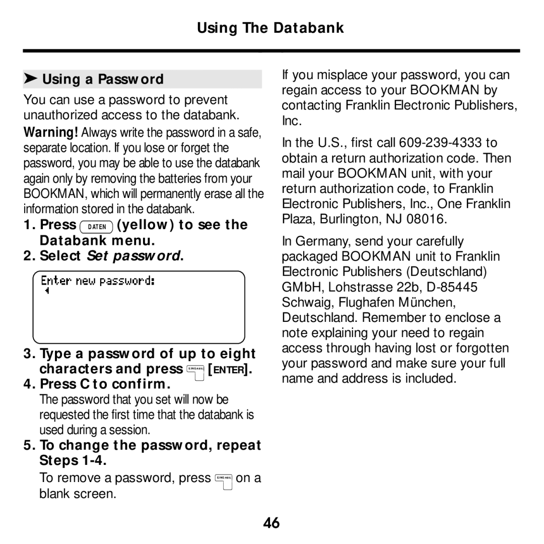 Franklin None Using The Databank, Using a Password, Press D AT E N yellow to see the Databank menu, Select Set password 